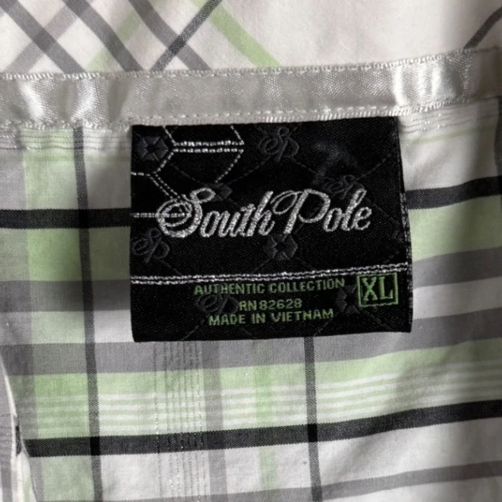 Southpole Mens XL Short Sleeve Button Down Shirt Plaid Lime Green Y2K Baggy - Picture 8 of 11